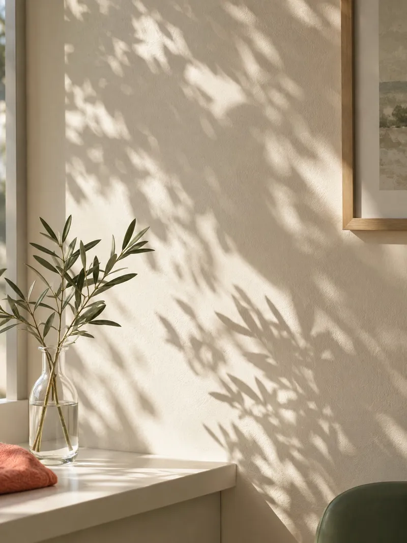 Sombras de folhas numa parede clara da clínica