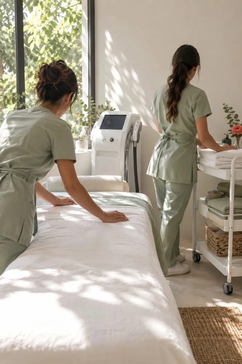 Duas técnicas de farda clara a preparar uma sala de tratamento